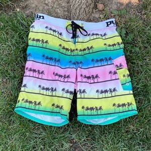 pull-in Swimwear Board Shorts 32 Pink/Blue/Yellow/White Palm Trees Beach